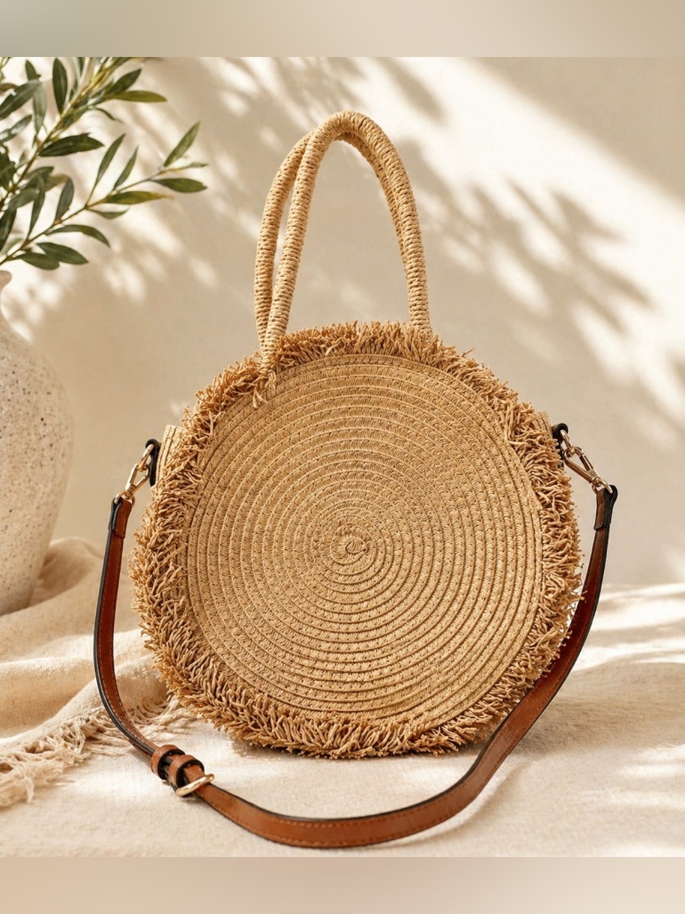 Lauren Conrad Round Straw Crossbody Bag Boho Fringe Summer Beach Tan